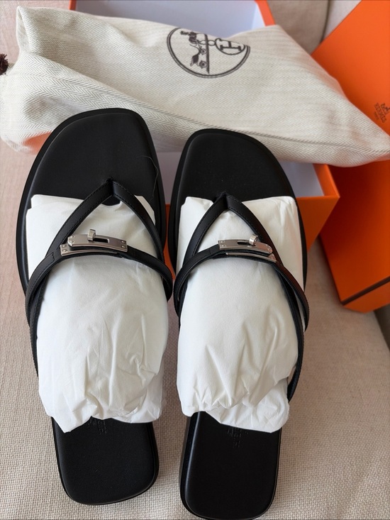 Hermes Shoes - Hermes Miss sandal Black Leather Thong Slide Sandals with Silver Hardware